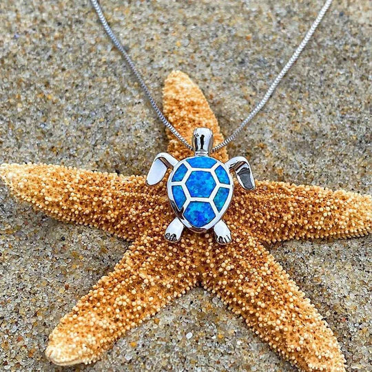 Ostell - Set made of necklace & earrings with sea turtle in silver & opal