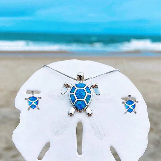 Ostell - Set made of necklace & earrings with sea turtle in silver & opal
