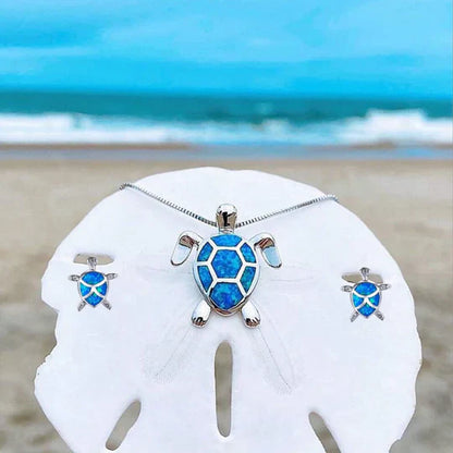 Ostell - Set made of necklace & earrings with sea turtle in silver & opal