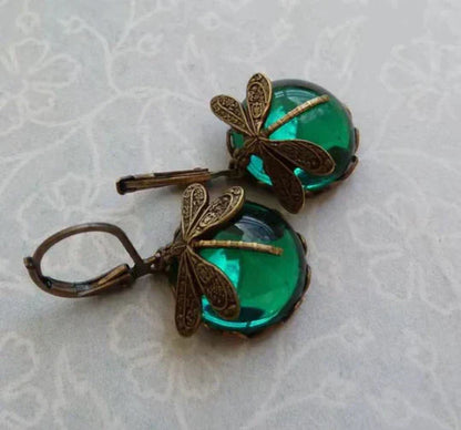 Aimee - Spherical dragonfly earrings in antique gold
