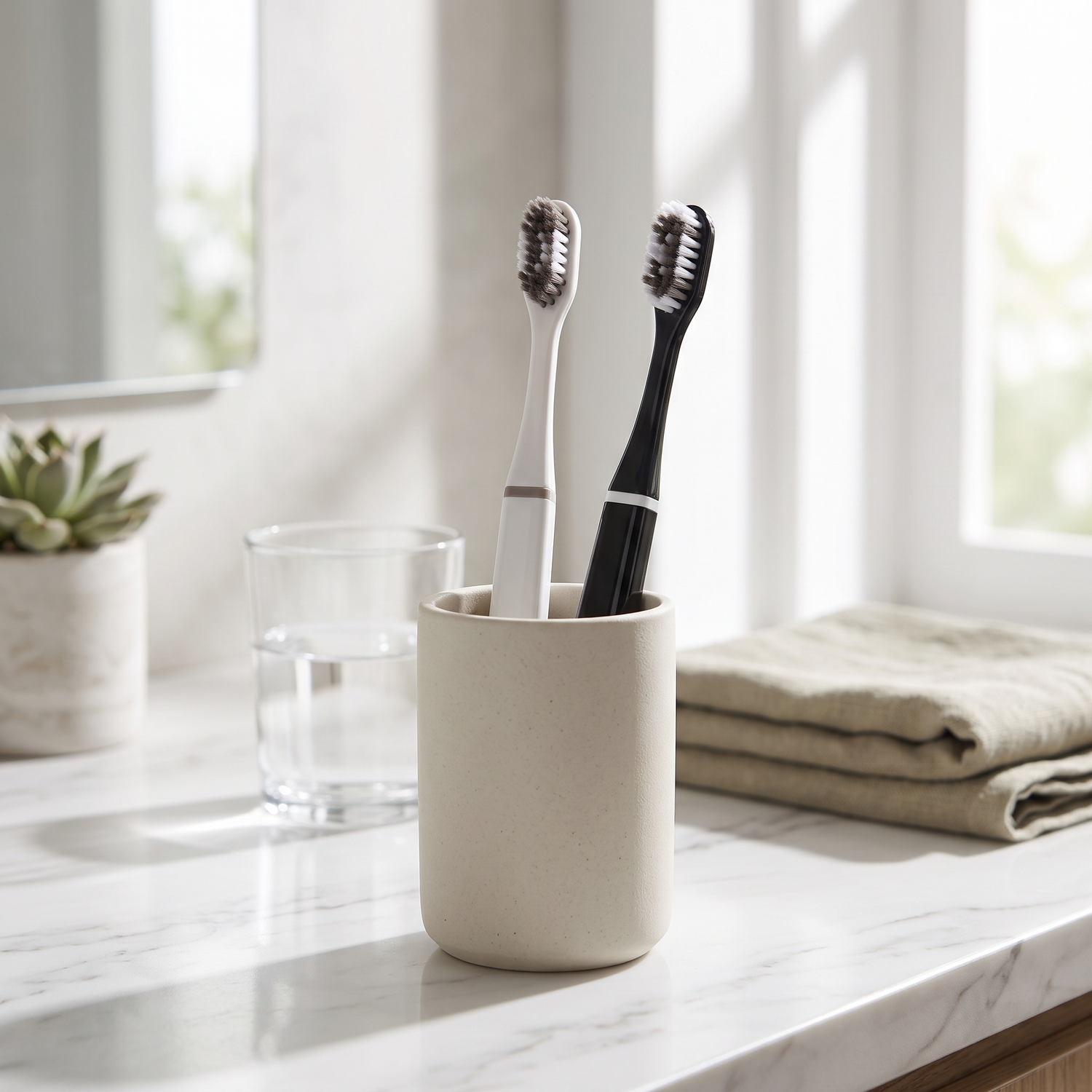 Toothbrushes in a cup on a bright bathroom counter